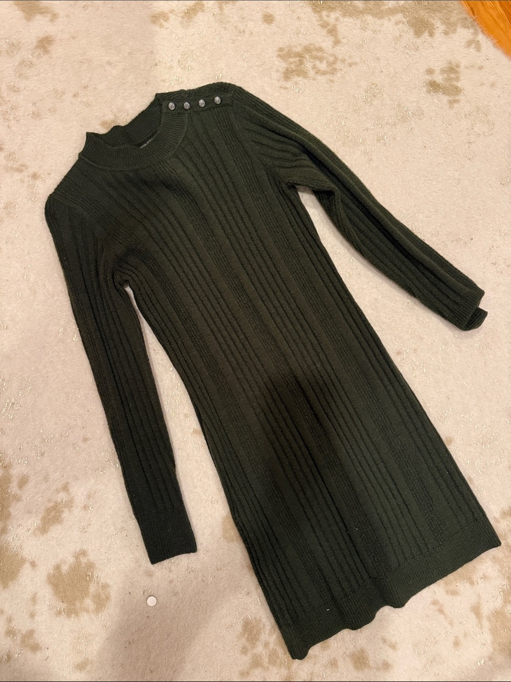 Banana Republic Dark Green Ribbed Button-Shoulder Sweater Dress